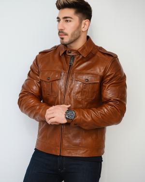 Big Pocket Brown Leather Jacket