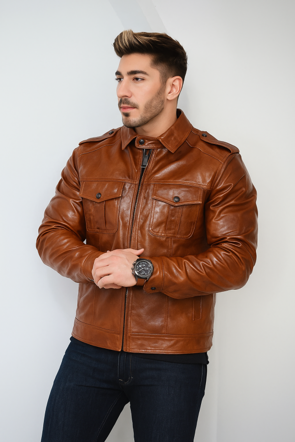 Big Pocket Brown Leather Jacket
