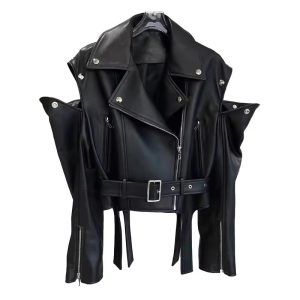 Cropped Genuine Leather Motorcycle Jacket Women