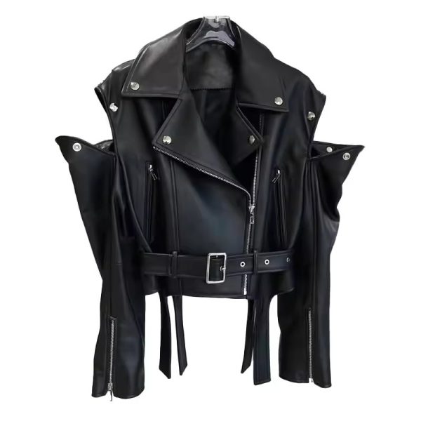 Cropped Genuine Leather Motorcycle Jacket Women