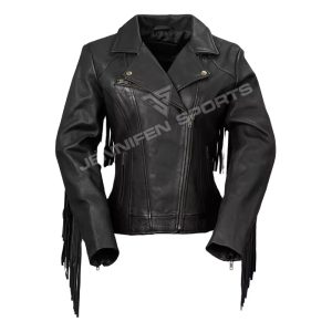 Leather Jacket With Genuine Zips, Side Pocket And Leather Fringes on the Back Satin-Lined