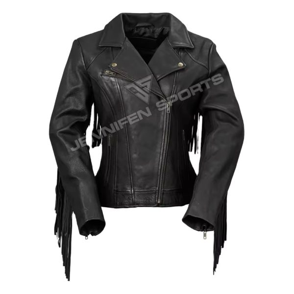 Leather Jacket With Genuine Zips, Side Pocket And Leather Fringes on the Back Satin-Lined