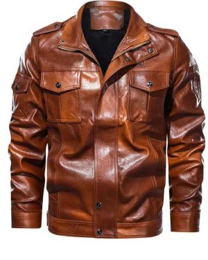 Big Pocket Brown Leather Jacket