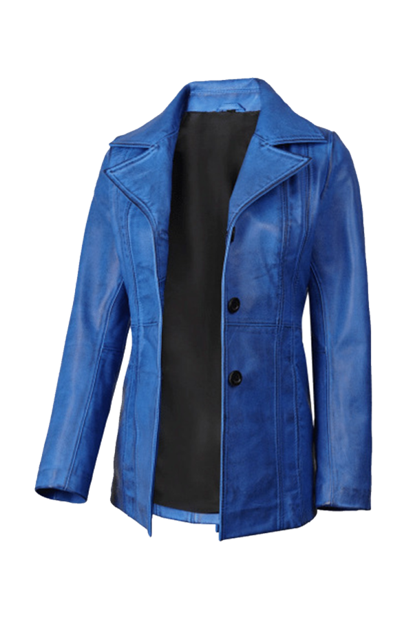 Women's Blue Leather Coat - Image 2