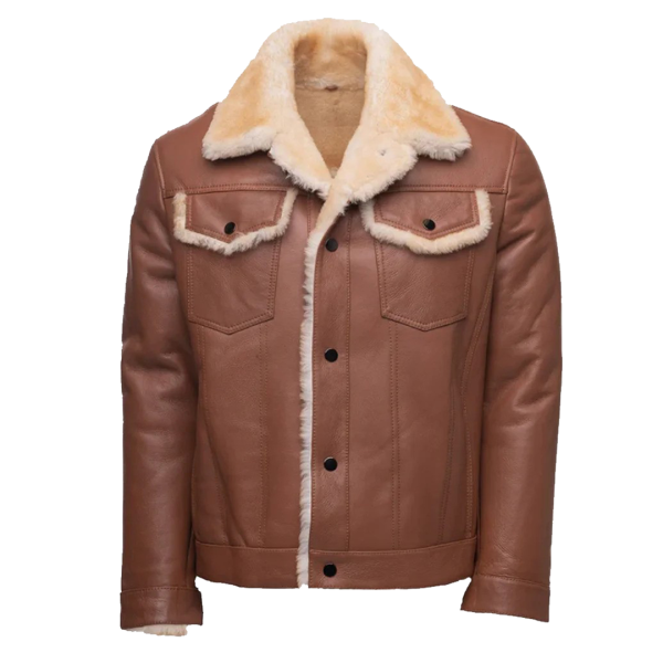 Brown Shearling Leather Trucker Jacket Men's - Image 2