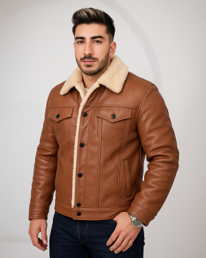 Brown Shearling Leather Trucker Jacket Men's