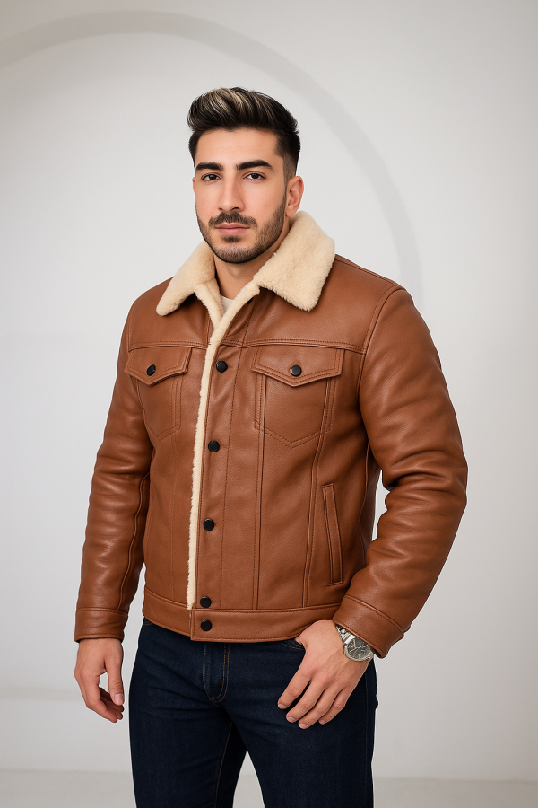 Brown Shearling Leather Trucker Jacket Men's
