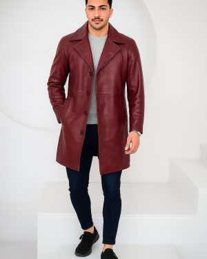 Men's Cognac Brown Leather Car Coat
