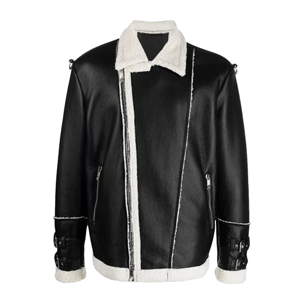 Men Black Shearling  Leather Jacket - Image 2