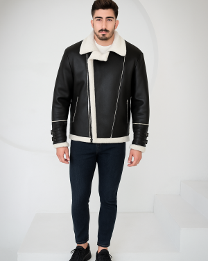 Men Black Shearling  Leather Jacket
