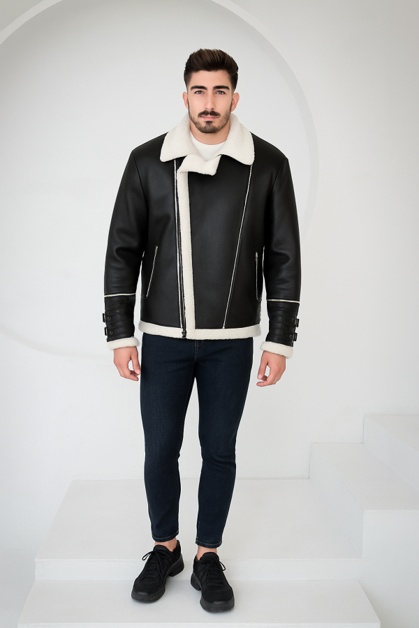 Men Black Shearling  Leather Jacket