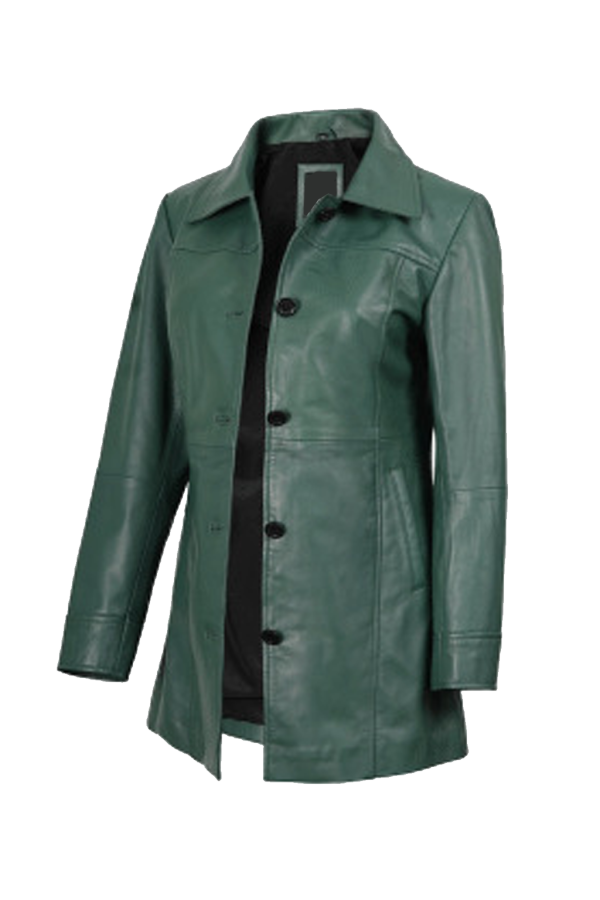 Women's Green Leather Coat - Image 2