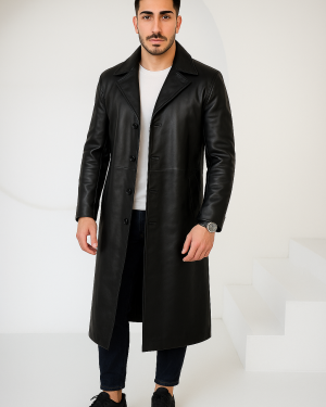 Men's Long Leather Coat Black
