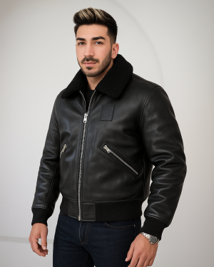 John Shearling Collar Bomber Jacket Black
