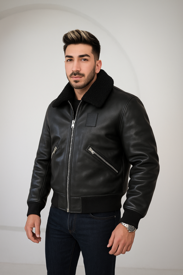 John Shearling Collar Bomber Jacket Black