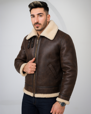 Men's Brown Shearling Aviator Leather Jacket