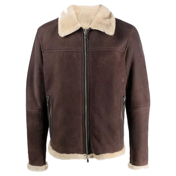 Men's Brown Suede Jacket With Sherpa Collar - Image 2