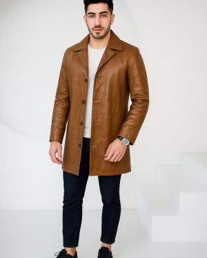 Men's Camel Brown Leather Car Coat