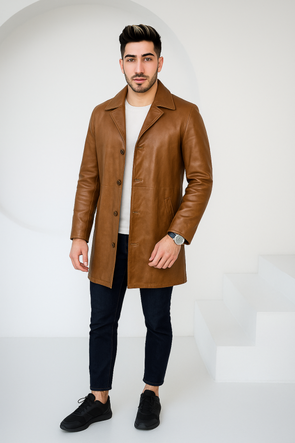 Men's Camel Brown Leather Car Coat